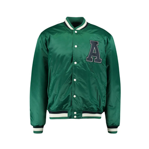 Chaquetas de bombardero de satén de seda 100% con botones verdes Chaqueta de diseño personalizado con ribete de cuello de costilla de béisbol informal para hombres - Product Image 6