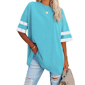 T-shirt surdimensionné à demi-manches et col rond pour femmes bleu ciel coupe ample respirant toile broderie décoration Style d'impression décontracté - Product Image 1