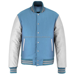 Blouson universitaire OEM 2026 bleu ciel en laine avec manches en cuir blanc pour homme – Veste d'hiver chauffante de haute qualité à faible MOQ - Product Image 1