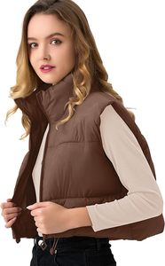 Chaleco acolchado recortado para mujer, chalecos cálidos ligeros sin mangas para mujer, chaleco acolchado con cuello levantado para invierno, chaqueta con cremallera - Product Image 4