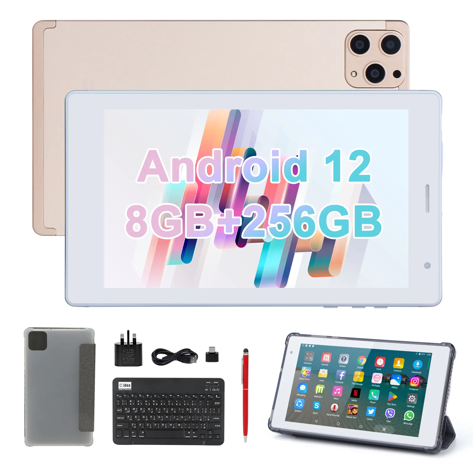 C idea Tablet 7 inci Android 12 Quad Core, Tablet game WIFI RAM 8GB ROM 512GB dengan SIM (merah muda)