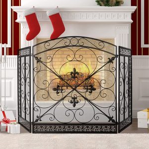 Écran de cheminée choix résistant à la chaleur noir avec motif de feuilles décoratives supérieures pour décor extérieur - Product Image 6