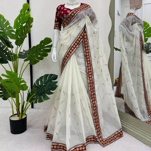 Saree de seda suave puro de diseñador indio de color blanco, hermoso bordado trabajo y secuencia Borde de trabajo para boda y fiesta - Product Image 1