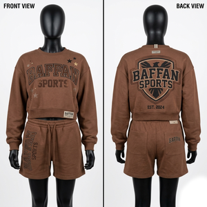 Ensemble haut court et short en molleton de coton premium 260 GSM, tissu brun doux, logo imprimé personnalisé avec strass. - Product Image 3