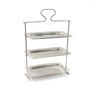 Plateau de service à 3 niveaux en acier inoxydable, métal créatif, plaqué argent, forme rectangulaire avec poignée, plateau pour fruits et aliments - Product Image 1