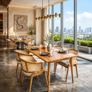 Collection de mobilier de salle à manger en teck massif fait main, style moderne minimaliste, modèle Elaris oblong, pour restaurants commerciaux, avec éléments en rotin - Product Image 5