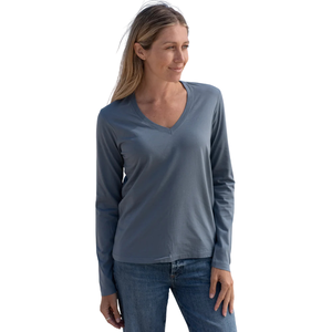 T-shirt à manches longues pour femme, bleu cendré, col en V, 100% coton biologique de luxe, pré-rétréci, certifié GOTS, coupe classique, doux et premium - Product Image 4