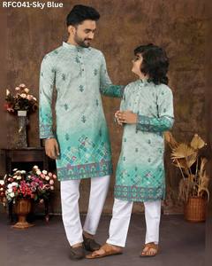 Ensembles élégants de Kurta assortis de père-fils avec broderie et impressions numériques en tissu de rayonne pour l'approvisionnement en gros de vêtements de fête - Product Image 1