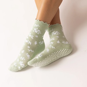 JZVINA Women Pilates Crew Socks Floral Print Ruffle Cuff Anti <b>Slip</b> Silicone Grip Yoga Training Floor Socks Custom Logo - Product Image 5
