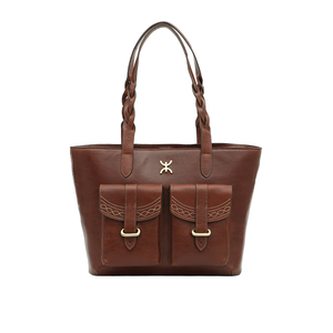 Classic brown leather <b>tote</b> <b>with</b> braided handles and front <b>pockets</b>. Available at wholesale prices. - Product Image 1