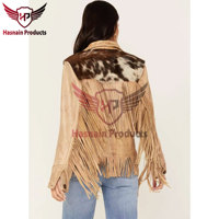 Veste Western en Cuir de Vachette à Franges Longues à Manches Longues avec Perles et Os à la Mode, Veste en Cuir de Vachette pour Femmes Cowgirl
