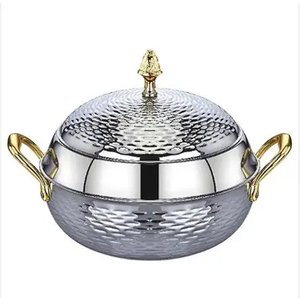 Cazuela o olla caliente de acero inoxidable de diseño impresionante con mango de latón y perilla, utensilios de cocina de forma redonda, calentador de alimentos - Product Image 1