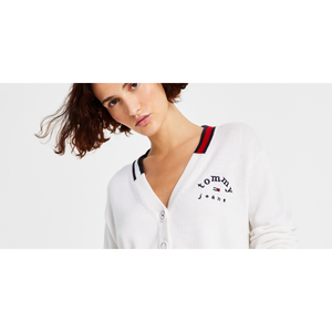 Cardigan da Donna Tommy Jeans Lavorato all'Uncinetto con Scollo a V e Decorazioni in Pizzo Bianco Taglia Grande per Stili Casual Estivi e Primaverili - Product Image 2