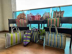 Sac fourre-tout en nylon recyclé de haute qualité, écologique, personnalisé, réutilisable, à fermeture éclair, tendance, rayé, tissé à la main, sacs de plage OEM/ODM - Product Image 5