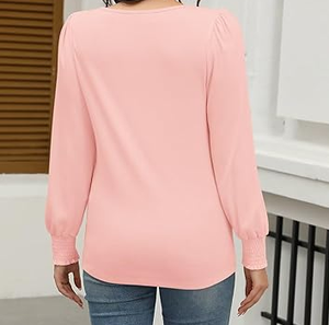 Elegante Blusa Rosa de Manga Larga para Mujer, Cuello Redondo, Tejida, con Detalle de Botones, Perfecta para la Oficina y Uso Diario Informal - Product Image 4
