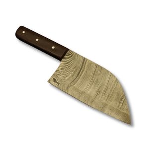 Cuchillo de Cocina de Acero de Damasco Forjado a Mano, Estilo Serbio, con Mango de Madera, Hoja Fija y Funda. - Product Image 1