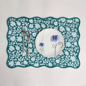 Teal blue floral Four Napkins and Four Cotton Table quilted wave piped <b>Placemats</b> Indian Vintage Handmade Floral Set - Product Image 4