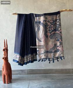 Nouvelle tendance lin tissu bleu marine Saree moderne femmes concepteur ethnique élégant mariage classique fête porter pour les femmes fantaisie Blouse - Product Image 1