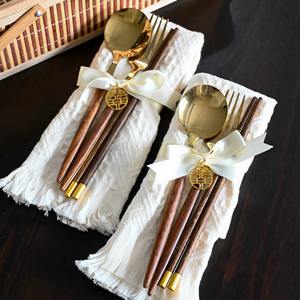 Sophisticated <b>Gold</b> Head Wooden Handle <b>Cutlery</b> <b>Set</b> for Curated Dining Spaces Fine Hosting and Festive Decor From India - Product Image 1