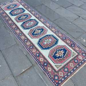 Alfombra Turca Vintage de 2.5x8.5 pies (77x259 cm), Alfombra Azul Camuflaje - Product Image 2