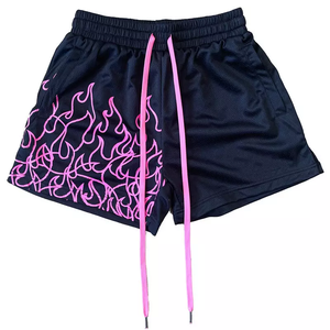 <b>Men</b> Knitted Mesh Sports <b>Shorts</b> Front Logo Mid <b>Elastic</b> <b>Waist</b> Flame Print Drawstring Quick Dry Casual Training 220g Made Pakistan - Product Image 1