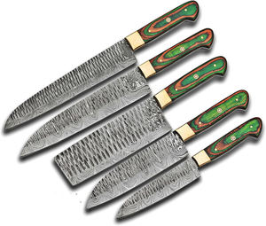 ชุดมีดทำครัวเหล็กดามัสกัส5ชิ้นชุดมีดเชฟมือจับไม้ปลอมพร้อมปลอกม้วนหนัง - Product Image 1