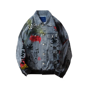 Chaquetas de mezclilla de alta calidad pintadas con grafiti de calavera personalizadas para hombre, chaqueta de invierno de peso pesado, abrigo, Chaquetas vaqueras informales pintadas con estilo Hip Pop - Product Image 3