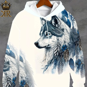 Men's Retro Style <b>Wolf</b> and Feather Pattern Hooded Sweatshirt With Drawstring and Kangaroo Pocket, Sports Hoodie for Fall - Product Image 1