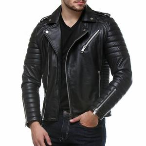 Veste de moto en cuir noir col à revers manches longues veste à glissière en cuir noir vestes en cuir à col à la mode - Product Image 5
