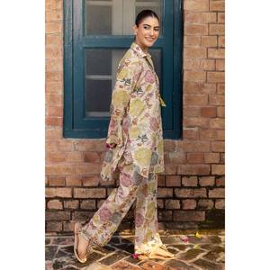 Ensemble 2 pièces imprimé à rayures Zari en jacquard SPT-52003, pantalon sarouel taille haute en crêpe avec volants, coupe ample - Product Image 3