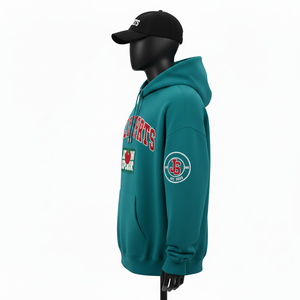 Sudadera con Capucha Gruesa de 350 GSM, Cálida, de Algodón y Poliéster, Color Verde Azulado, con Parche de Logotipo Bordado en Chenilla Personalizado - Product Image 5