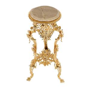Mesa Auxiliar Redonda Pequeña de Lujo con Tapa de Mármol y Base de Pedestal Tallada a Mano con Hojas Doradas Ornamentales para Decoración de Esquinas de Palacios Reales - Product Image 1