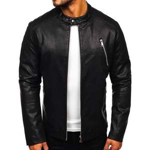 Blouson de motard en cuir PU pour homme, coupe slim, coupe-vent, avec col montant et motif lettres enduites - Product Image 1