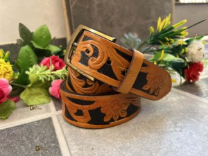 เข็มขัดหนังสีน้ำตาลเทอร์ควอยซ์มาใหม่พร้อมหัวเข็มขัดทองแดงดีไซน์แฮนด์เมดยอดนิยม - Product Image 4