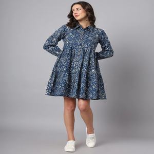 Vestido Midi de Algodón 100% con Estampado Floral Vintage Azul Antiguo, Cuello Mao, ODM, Secado Rápido, Informal, para Playa, Verano - Product Image 1