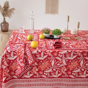ผ้าปูโต๊ะผ้าฝ้ายอินเดียพิมพ์ลายดอกไม้สีแดงสีแดงสีแดงเข้มทำด้วยมือผ้าคลุมโต๊ะขนาดพิเศษสำหรับงานปาร์ตี้ในบ้านโรงแรม - Product Image 1
