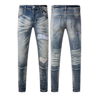 Jeans skinny délavés pour hommes avec patchwork et éclaboussures de peinture Pantalon en denim perlé extensible de qualité supérieure pour garçons