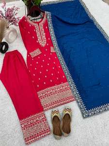 El último diseñador Chinon Seda Bordado Secuencia Trabajo Kurti Set Por Fab Zone - Product Image 5