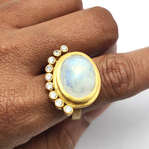 Rainbow Moonstone Oval 925 Sterling Silver Matt Finish Permanent Gold Plated Thick Band Ring 9.98 Gms Size US 10.5 Cz Set Rings - Product Image 4
