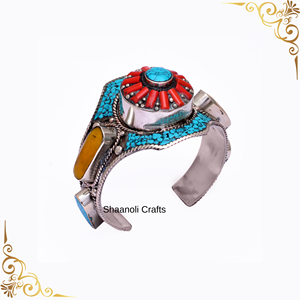 Bracelet manchette main réglable vintage pour femme en argent oxydé avec perle de corail Turquoise véritable bijoux de déclaration élégants - Product Image 4