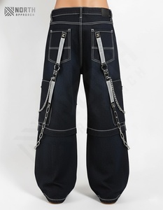 กางเกงยีนส์เดนิมทรงหลวมแบบยูนิเซ็กซ์ สีพื้น ผ้าสปริง สายไขว้ ซิป โซ่ สะท้อนแสง แห้งเร็ว สำหรับผู้ชาย - Product Image 2