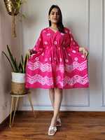 Robe midi d'été ample en coton teint à la main sur mesure - Col en V et taille naturelle, écologique, pour femmes et revendeurs de boutiques