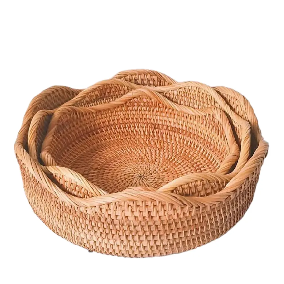 Groothandel Hoge Kwaliteit Rotan Geweven Manden 100% Natuurlijke Handgemaakte Geweven Fruit Ronde Rieten Mand Voor Keuken Home Decor