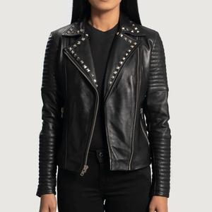 Women's Genuine Sheepskin Leather Biker Style Motorbike Jacket Winter Windproof Studded Notch Collar Black Breathable Motorcycle - Product Image 3