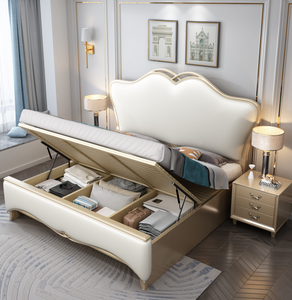 Luxury Tufted Leather Upholstered Bed Frame Solid Wood Storage Full Size Modern Mid-Century Modern Carved Double Bed - Product Image 3