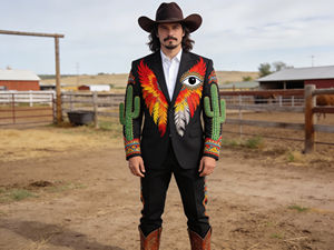 Ensemble de costume pour homme, vert, style western, broderie florale, blazer et pantalon de style cowboy - Product Image 2