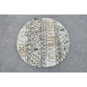 Alfombra Turca Vintage, Redonda de 3x3 pies, Alfombra de Lana con Estampado Animal Verde Marrón - Product Image 1