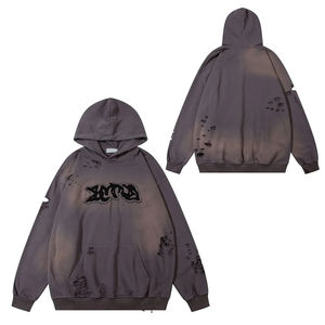 Custom Distressed Patch Embroidery logo & Cropped Patchwork Streetwear Washed French Terry <b>Zip</b> Mens <b>Hoodie</b> - Product Image 6