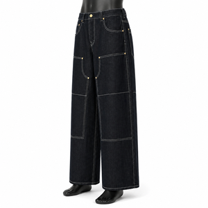 Jeans en denim noir à jambes larges sur mesure, pantalon cargo ample de haute qualité avec surpiqûres contrastées - Product Image 4