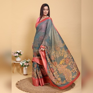 Sari de Lino y Algodón con Diseño Floral de Pavo Real Elegante al por Mayor, Diseño Kalamkari GG-602, Jacquard Premium e Inspirado en Flores - Product Image 5